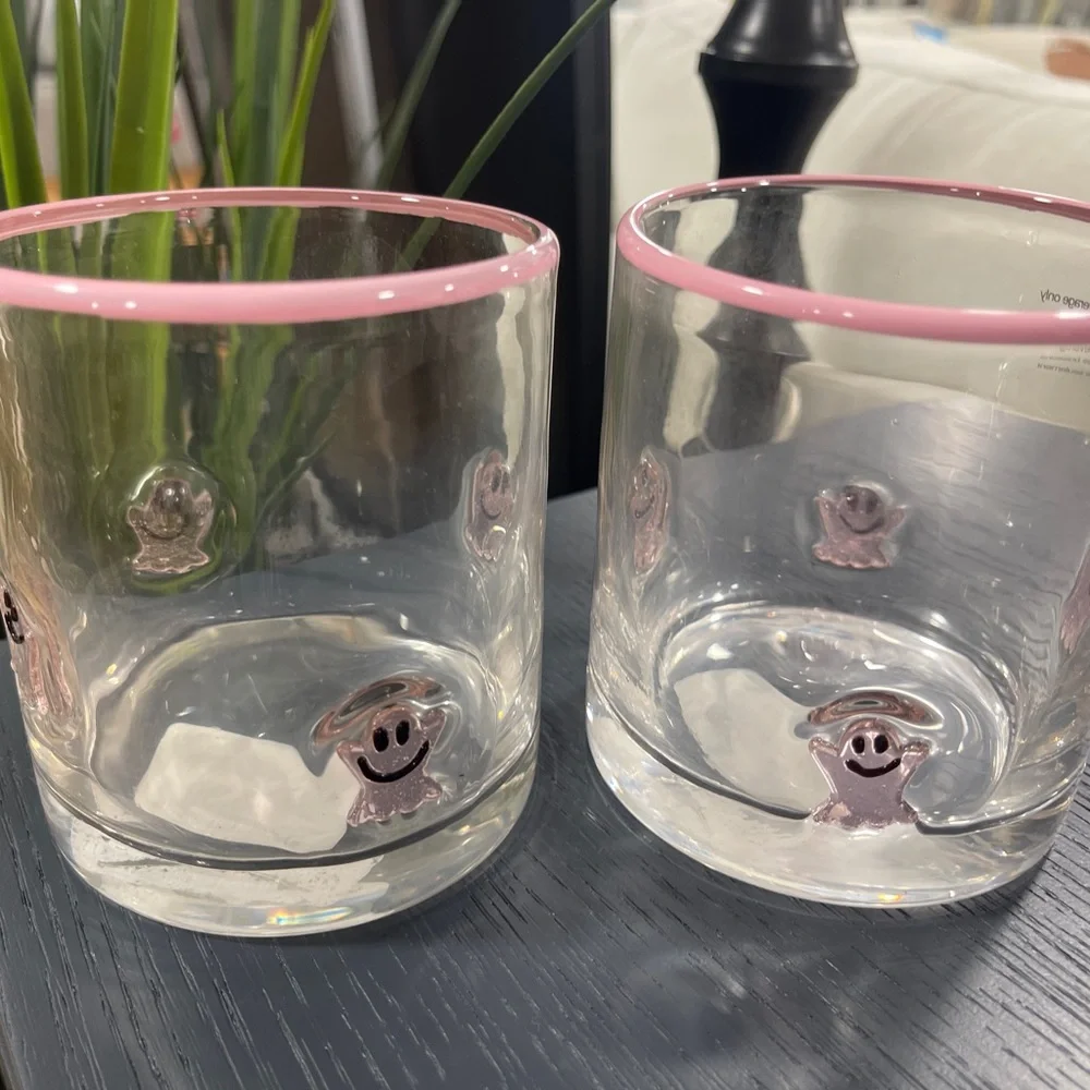 Pink Halloween Pink Ghost Lampwork Glass Embedded  Drinking Glasses Set of 2 NEW